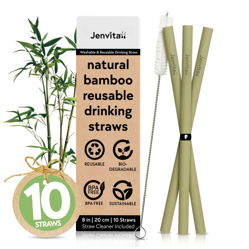 Jenvita 100% Bamboo Straws (10-Pack) - Biodegradable & Compostable 8 Inch Reusable Straws with Cleaner | FSC Certified, Eco Friendly | Hand Wash & Dishwasher Safe | For Hot & Cold Drinks - Image 1